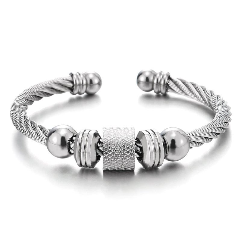 COOLSTEELANDBEYOND Steel Twisted Cable Cuff Bangle Bracelet for Men Women with Beads Charms, Polished Adjustable - Image 5