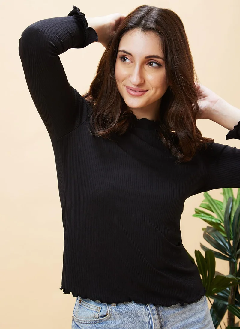 globus Globus Women Long Sleeve Ribbed High Neck Lettuce Edge Top