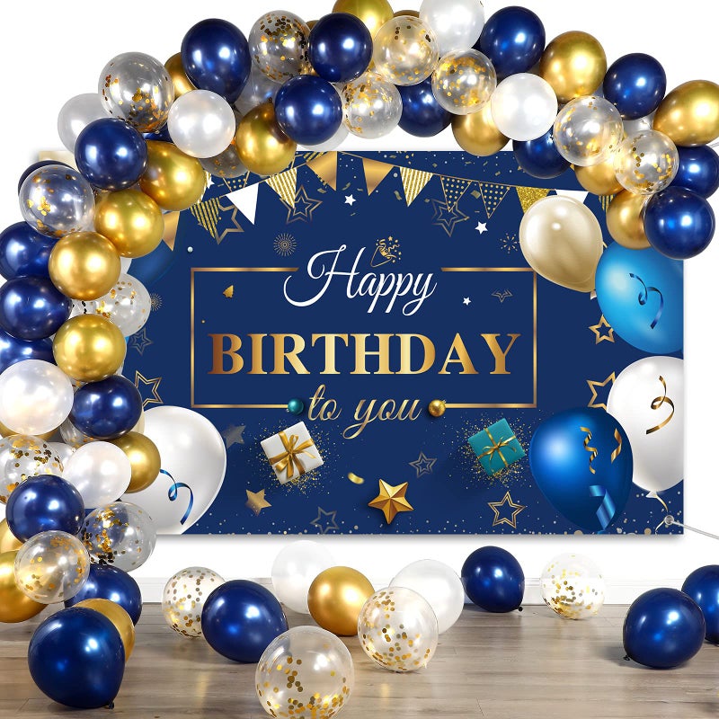Navy Blue Birthday Confetti Balloons Kit Set 50 Pieces Photography Backdrop Banner Package for Boys Girls Men Women Birthday Party Decorations SuppliesNavy Blue and Gold