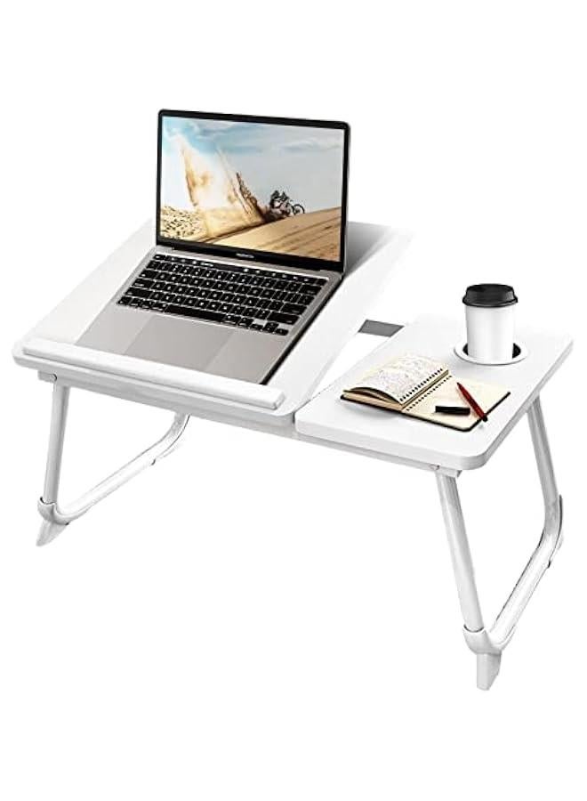 HOOKOR Laptop Bed Tray Desk, Adjustable Folding Laptop Bed Table, Portable Standing Desk, Foldable Lap Tablet Desk with Cup Holder for Bed Couch Sofa Floor, Working, Writing (White)  - Image 1