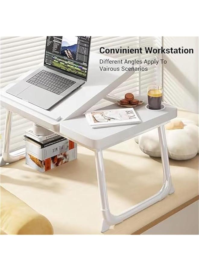 HOOKOR Laptop Bed Tray Desk, Adjustable Folding Laptop Bed Table, Portable Standing Desk, Foldable Lap Tablet Desk with Cup Holder for Bed Couch Sofa Floor, Working, Writing (White)  - Image 3