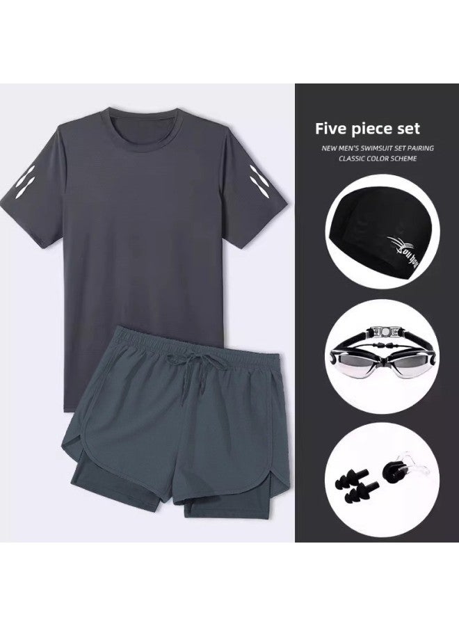 Loquat Swimsuit Men's Professional Black Anti-embarrassment Plus Size Double-layer Swimming Trunks Men's Swimsuit Hot Spring Suit Men's Full Set-Color:Gray Five-piece Suit (swimsuit + Swimming Trunks + Swi - Image 1