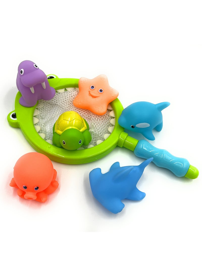 HAIJIABAO Baby Safe Bath Pool Toys Includes Fish Shark Dolphin Octopus Turtle Starfish Walrus Color Changing Squeeze Squeaky Spray Water Toys with Fishing Net & Interactive Sounds for Boys Girls  - Image 1