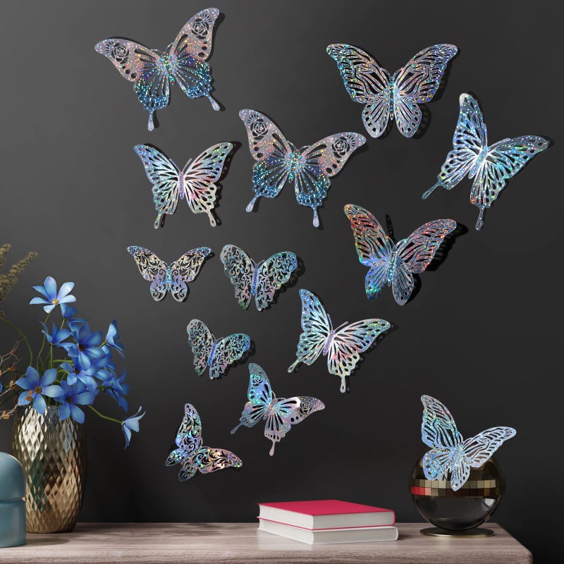 DELEMI 60 Pcs 3D Sequined Silver Butterfly Wall Decor, 5 Styles 3 Sizes,Butterfly Cake Birthday Party Shower Decorations Iridescent,Metallic Room Mural Wall Stickers (Sequined Silver) - Image 3