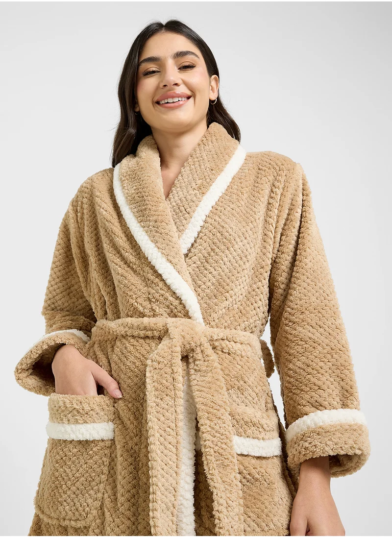 Ginger Plush Terry Bath Robe With Contrast Trim