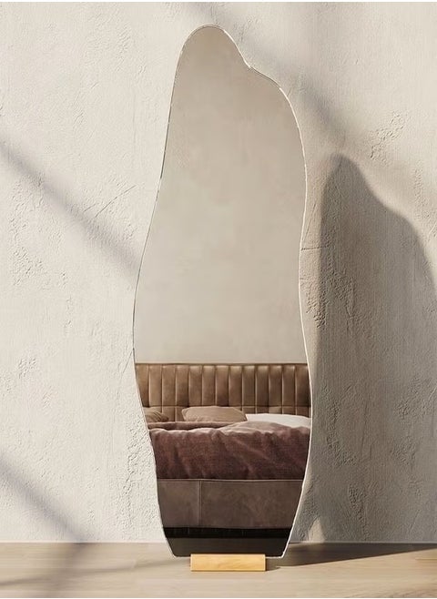 مرايا ذات تصميم حديث طويلةبدون حدود، معلقة كبيرة لغرفة النوم، مرايا أرضية، مرايا تزيين، مرايا مثبتة على الحائط مع قاعدة خشبية، 50 × 160 سم