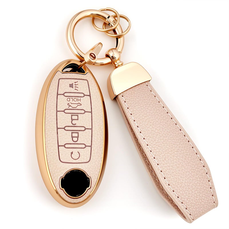 AMZAUTO Amazauto Soft TPU Leather Key Fob Cover Compatible with Nissan Altima Maxima Rogue Armada Pathfinder etc Car Key Protector with Keychain Beige 5 Buttons - Image 3