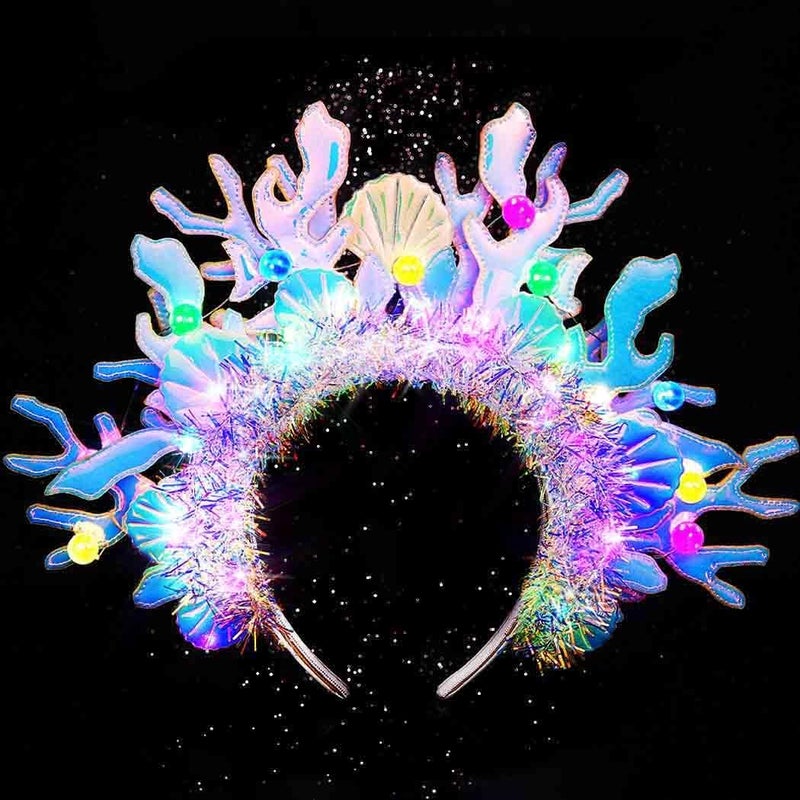 JAKAWIN JAKAWIN Light Up Mermaid Headband Glowing Coral Hair Band Seashell Pearl Led Ocean Costume Hair Accessories for Women 