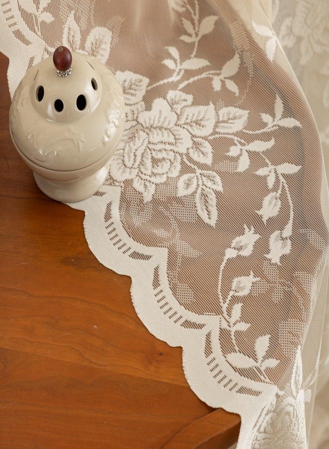 YJ YANJUN Beige Lace Curtains 63 inches Length 2 Panels Rustic Floral Sheer Curtain Panels with Scalloped Edges Rod Pocket French Country Crochet Curtains for Bedroom Dining Room Office W52 X L63 Beige - Image 4