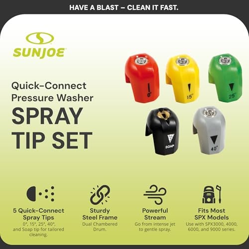 Sun Joe 5-Pack Quick-Connect Pressure Washer Spray Tips, Nozzle Attachment Set with 0,15, 25, 40 Degree & Soap Tip - Portable Power Attachments and Accessories for SPX Washing Machines, SPX3000-TPS - Image 2