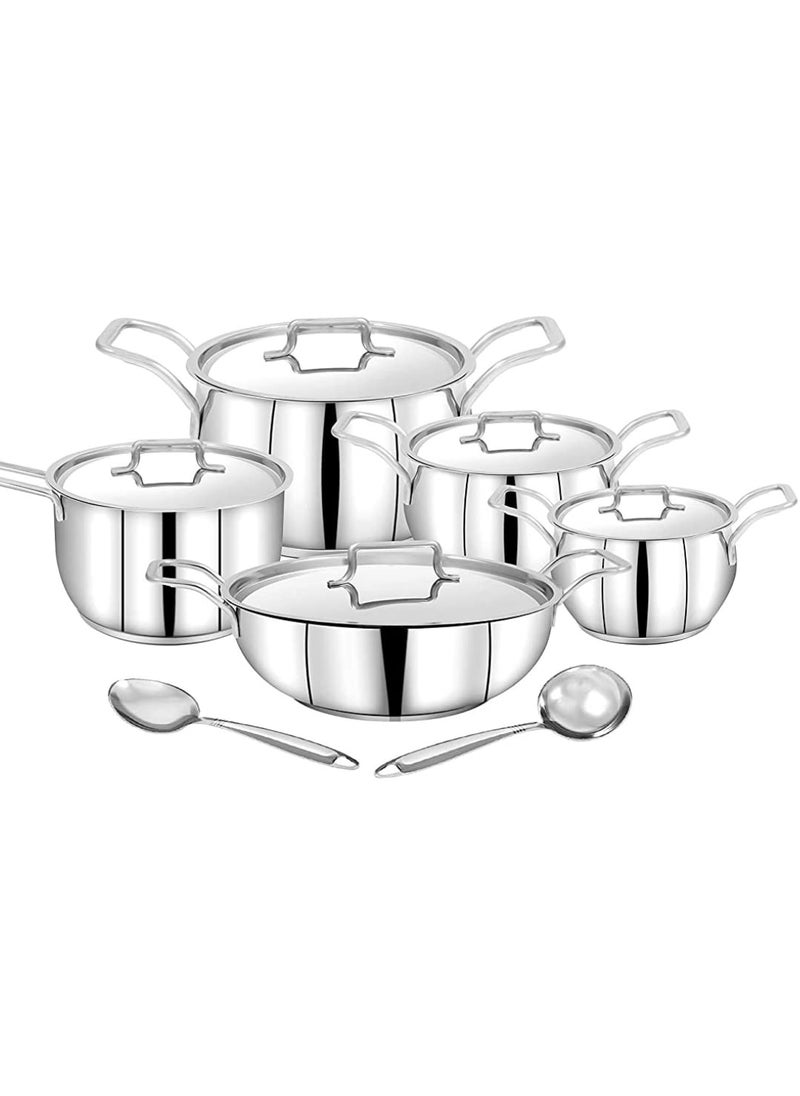 pigeon Pigeon Stainless Steel Milano 12 Pcs cookware Set - 1-Piece Saucepan with lid, 3- Piece Saucepot with lid 1-Piece Kadai with lid 2-Piece Ladles Induction Friendly Silver  - Image 1