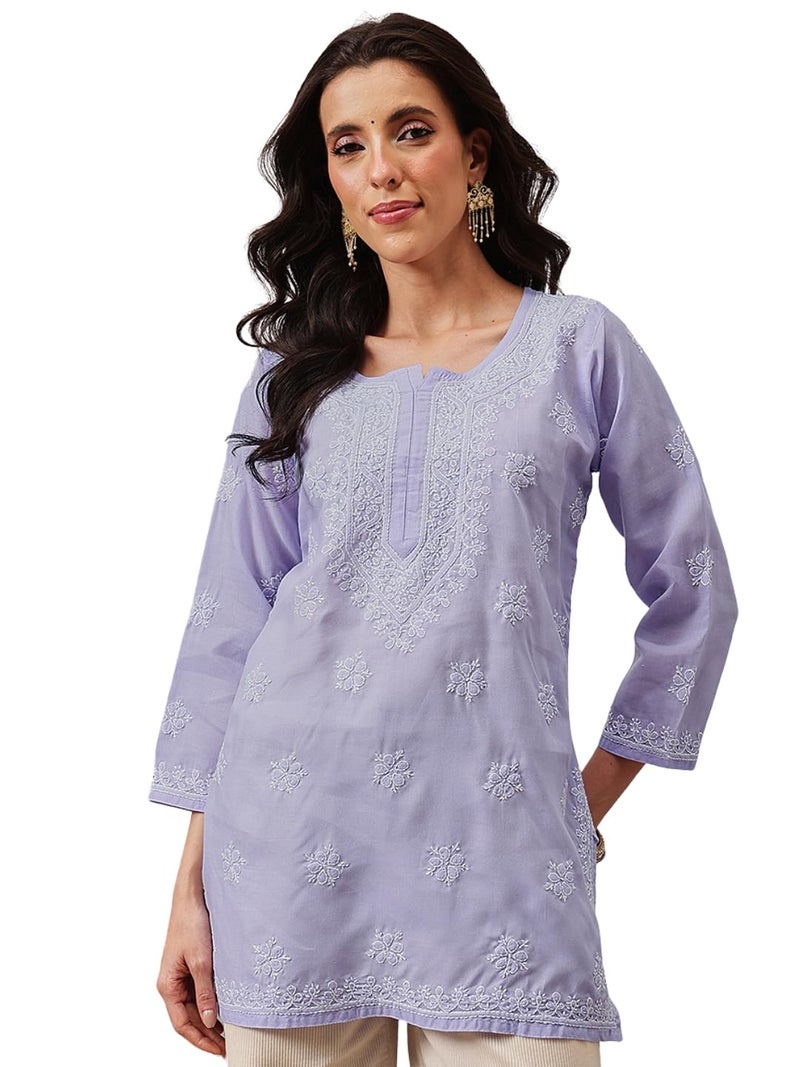 Ada Hand Embroidered Lucknow Chikankari Straight Round Neck Cotton Short Kurti Top for Women A911333 (L, Mauve) - Image 1