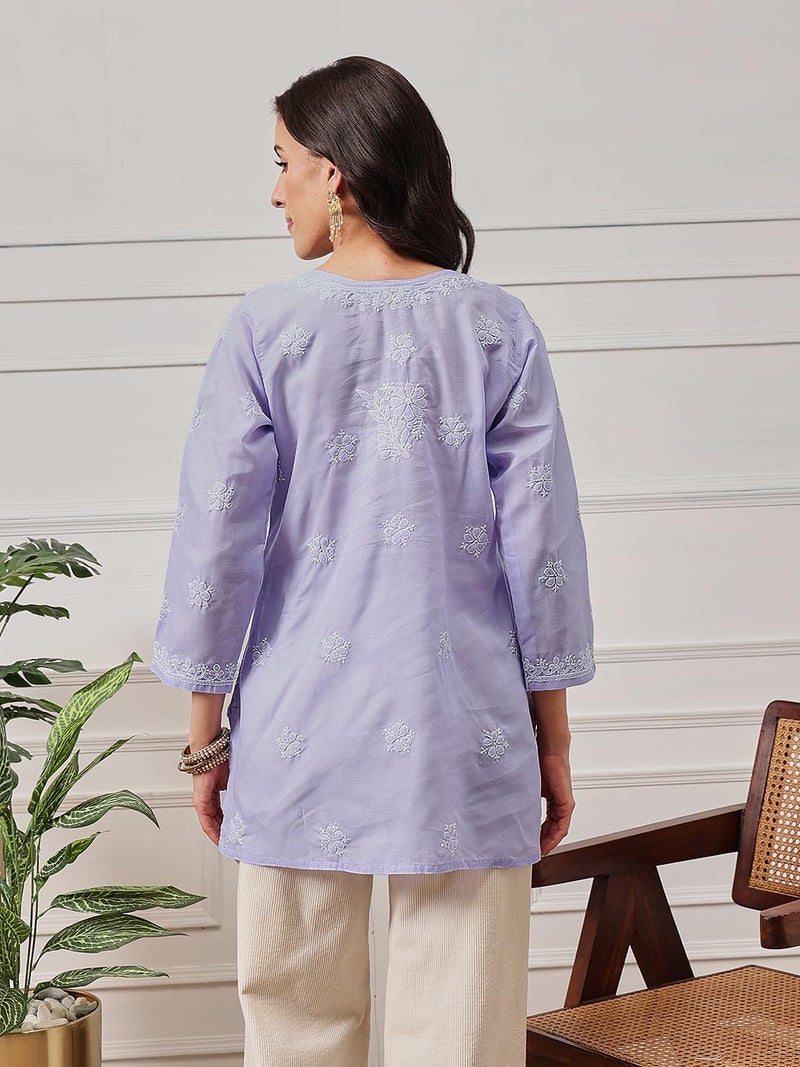 Ada Hand Embroidered Lucknow Chikankari Straight Round Neck Cotton Short Kurti Top for Women A911333 (L, Mauve) - Image 2