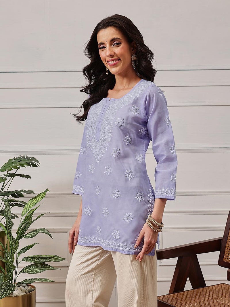 Ada Hand Embroidered Lucknow Chikankari Straight Round Neck Cotton Short Kurti Top for Women A911333 (L, Mauve) - Image 4