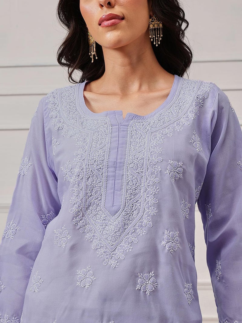 Ada Hand Embroidered Lucknow Chikankari Straight Round Neck Cotton Short Kurti Top for Women A911333 (L, Mauve) - Image 5