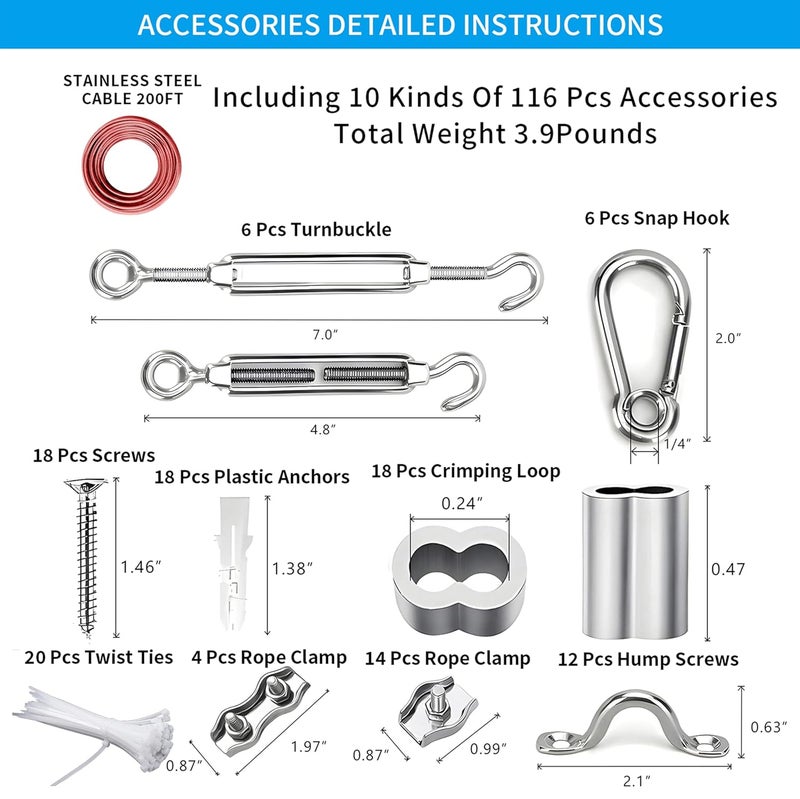 Litcher Globe String Light Suspension Kit, Outdoor Light Guide Wire, Vinyl Coated Stainless Steel Steel Cable，Include 200ft Transparent PVC and 304 Stainless Steel Wire Cable, Turnbuckle and Hooks - Image 3