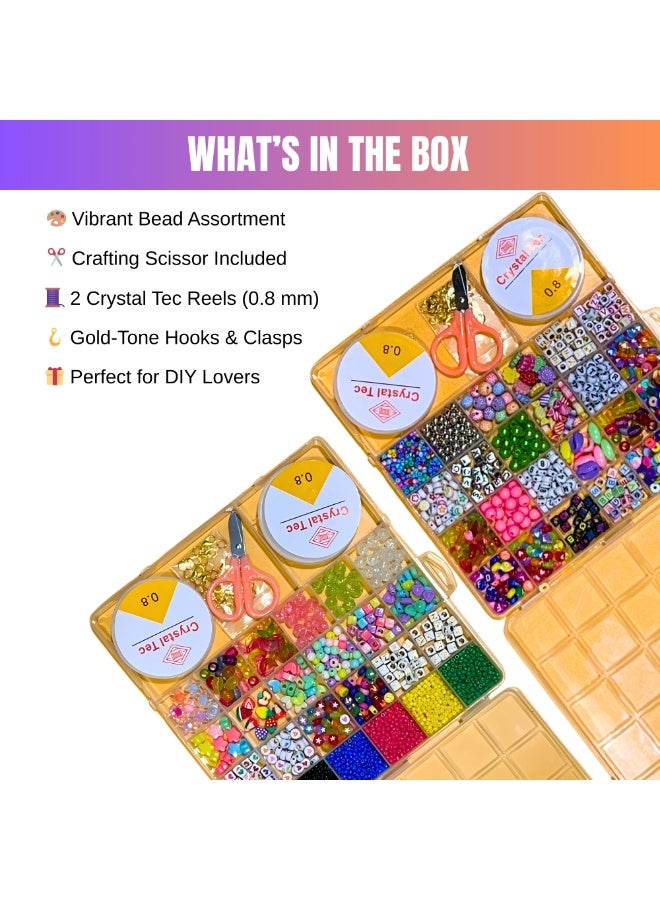 Crystal Tec DIY Jewelry Making Kit with Hooks 2 String Reels Scissors Handmade Necklace Bracelets Rings Pendant Keychain Making Kit with Seed Pop Flat Shell Beads Letter Shapes Art Craft Activity Kit for Kids Party Favors Goodie Bag Stuffers Birthday Gifts Return Gifts Screen Free Activity - Image 3