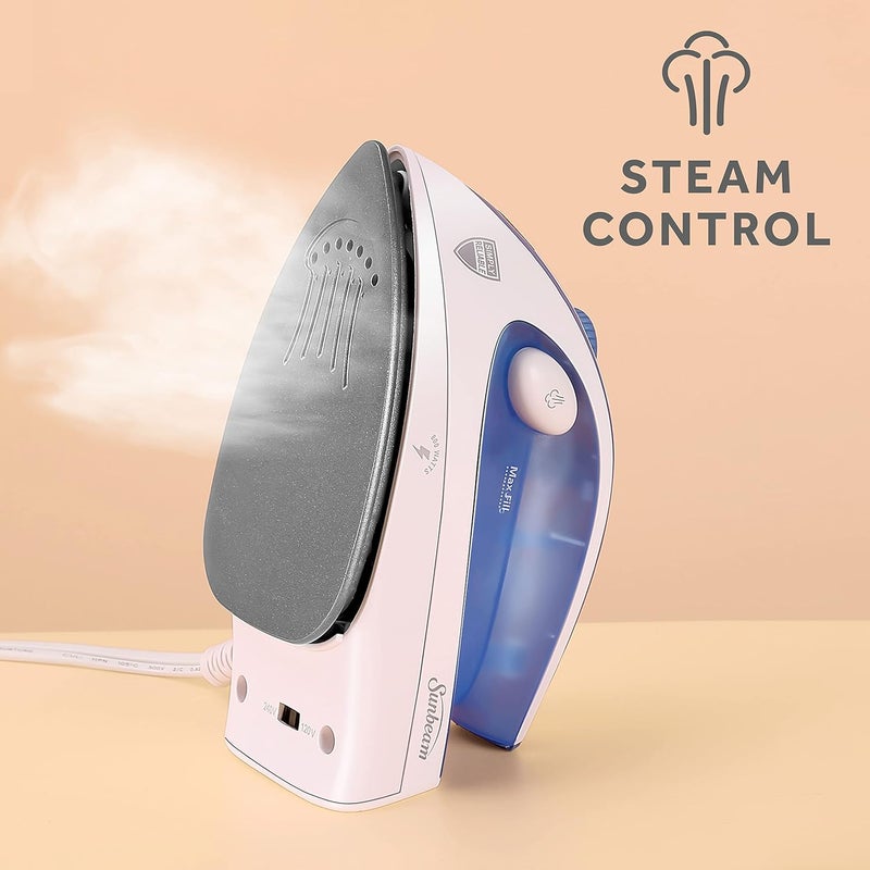 Sunbeam Hot-2-Trot Travel Steam Iron, 800 Watt Dual Voltage 120/240, Compact Size, Portable, Non-Stick Soleplate, Soft Touch Handle, Horizontal or Vertical Use, White and Blue - Image 5