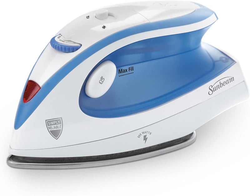 Sunbeam Hot-2-Trot Travel Steam Iron, 800 Watt Dual Voltage 120/240, Compact Size, Portable, Non-Stick Soleplate, Soft Touch Handle, Horizontal or Vertical Use, White and Blue - Image 1