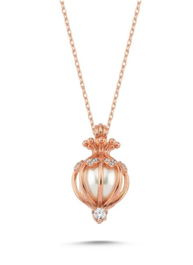 EMNON - 925 Sterling Silver Jewelry Rose Gold Plated Pearl in Cage CZ Necklace 100% Precious Metal Gift for Women- Emnon43NE - Image 1