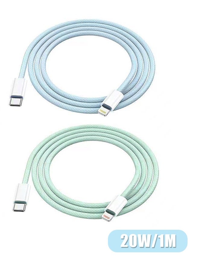 2 Pcs Braid Charger Cable for iPhone, 20W Fast Charge to USB Charging Cable, Charger Cord 1.0m (Blue+Green)  - Image 1