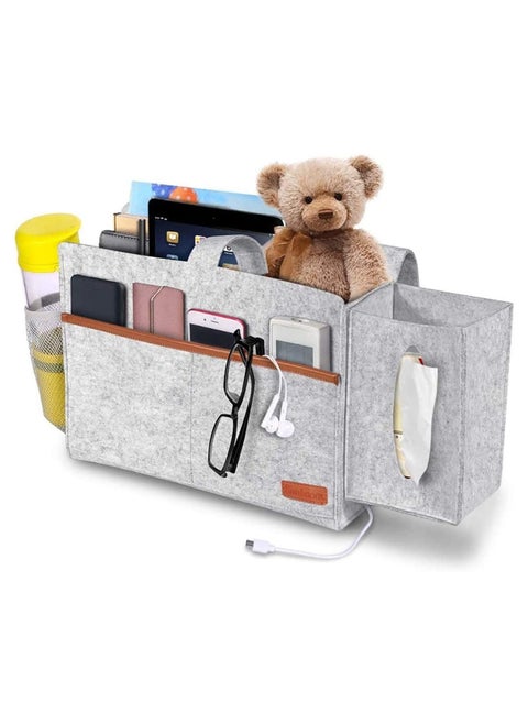 Bedside Organiser Storage Caddy Hanging Bag with Large Pockets for Remote Control Book Newspaper Phone Water Bottle Light Grey