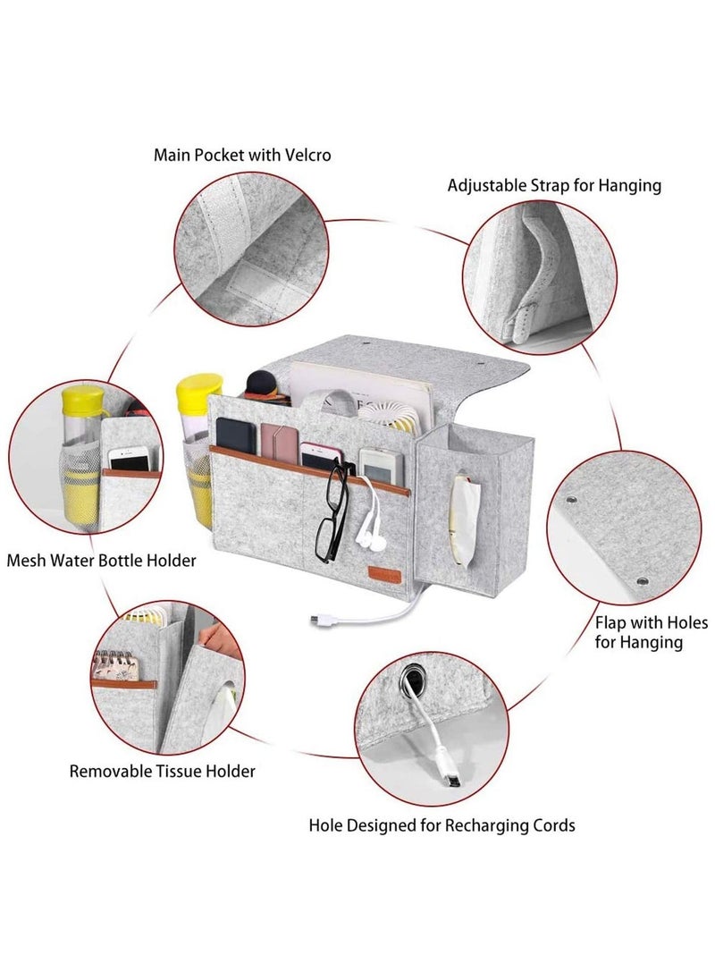 Bedside Organiser Storage Caddy Hanging Bag with Large Pockets for Remote Control Book Newspaper Phone Water Bottle Light Grey