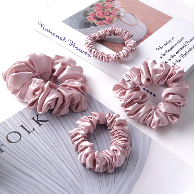 MTSNOO 100 Pure 22 Momme Mulberry Silk Scrunchies for Hair  Sleep 4 Pack for Women  Girls Rosy Pink
