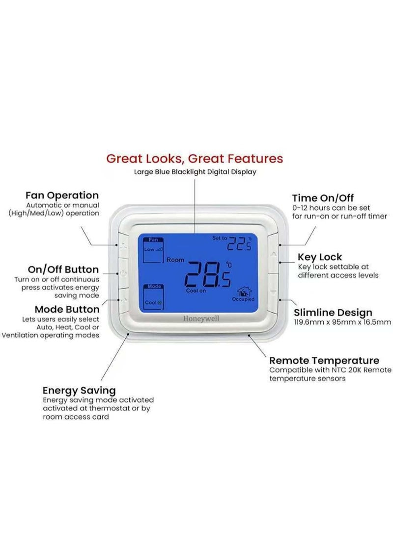 Honeywell Home T6861H2WG Digital LCD Thermostat – Precise Room Temperature Controller for Fan Coil Units, 3 Fan Speeds, Heating & Cooling Modes, Remote Sensor, Easy Installation - Image 4