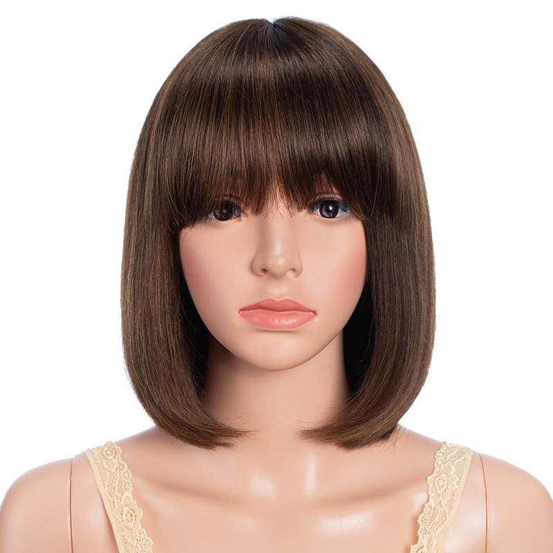 JOEDIR HAIR Straight Short Bob Wig with Bangs human hair 10 inch Brown mixed Blonde Bob Wig for Women Brazilian Virgin Hair Glueless Machine Made Wig