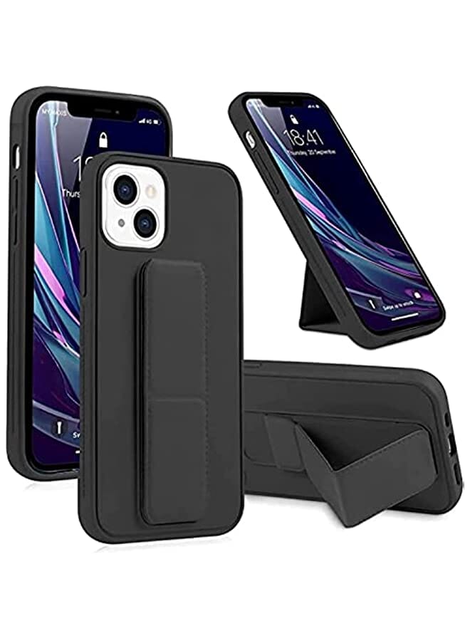 S-TOP iPhone 13 Mobile Case with Magnetic Stand and Holder Hand Strap Grip Premium Silicone Magnetic Car Mount Cover Foldable Kickstand Case Finger Grip Cover (Black) - Image 1