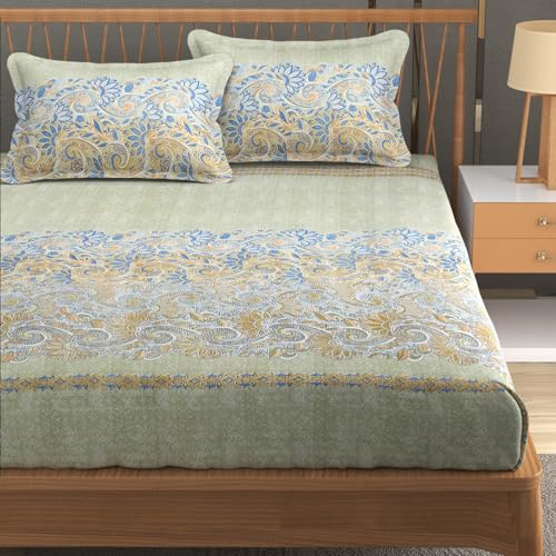 Furnofy Premium Printed Double Bedsheet Set – Olive Green & Blue Pattern (90x100 Inches) with 2 Pillow Covers – Flat - Image 1