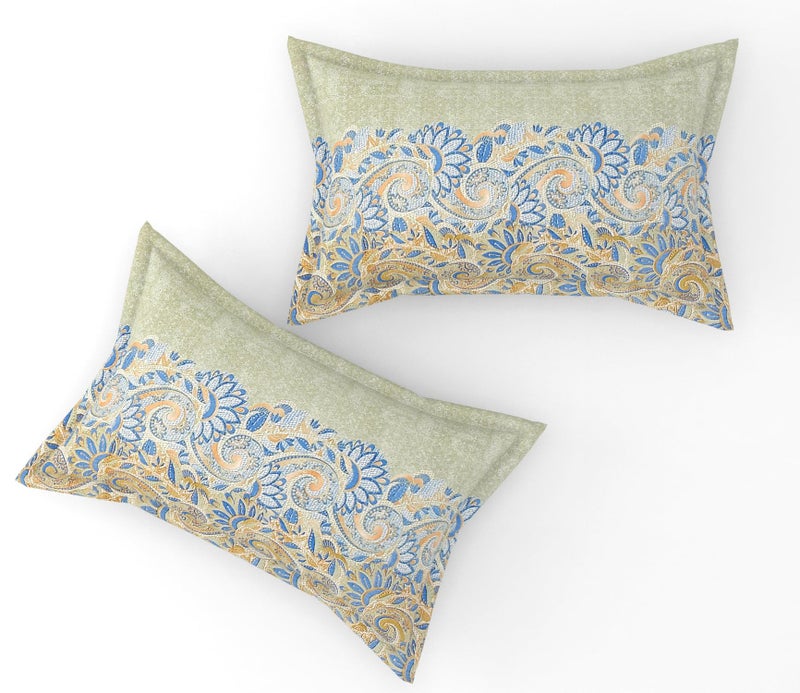 Furnofy Premium Printed Double Bedsheet Set – Olive Green & Blue Pattern (90x100 Inches) with 2 Pillow Covers – Flat - Image 4
