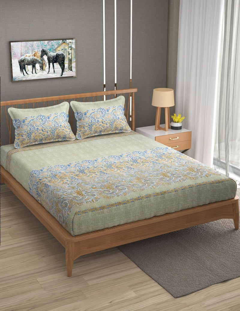 Furnofy Premium Printed Double Bedsheet Set – Olive Green & Blue Pattern (90x100 Inches) with 2 Pillow Covers – Flat - Image 2