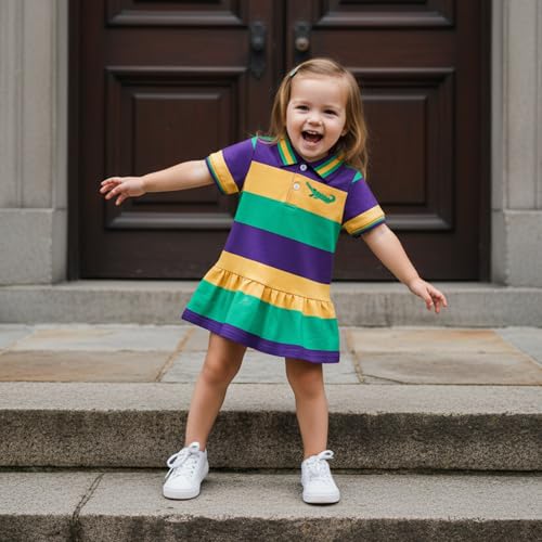Amnnchya Toddler Little Girls Mardi Gras Dress Crocodile Short Sleeve Striped Lapel Ruffle Dresses Kids Baby Carnival Outfit (Purple, 3-4 Years) - Image 2