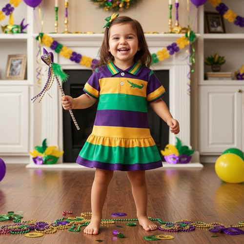 Amnnchya Toddler Little Girls Mardi Gras Dress Crocodile Short Sleeve Striped Lapel Ruffle Dresses Kids Baby Carnival Outfit (Purple, 3-4 Years) - Image 4