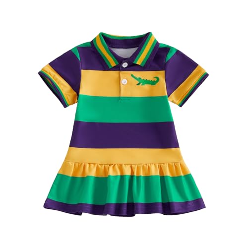 Amnnchya Toddler Little Girls Mardi Gras Dress Crocodile Short Sleeve Striped Lapel Ruffle Dresses Kids Baby Carnival Outfit (Purple, 3-4 Years) - Image 1