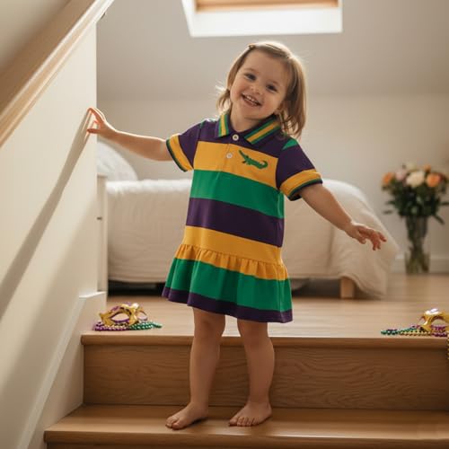 Amnnchya Toddler Little Girls Mardi Gras Dress Crocodile Short Sleeve Striped Lapel Ruffle Dresses Kids Baby Carnival Outfit (Purple, 3-4 Years) - Image 5