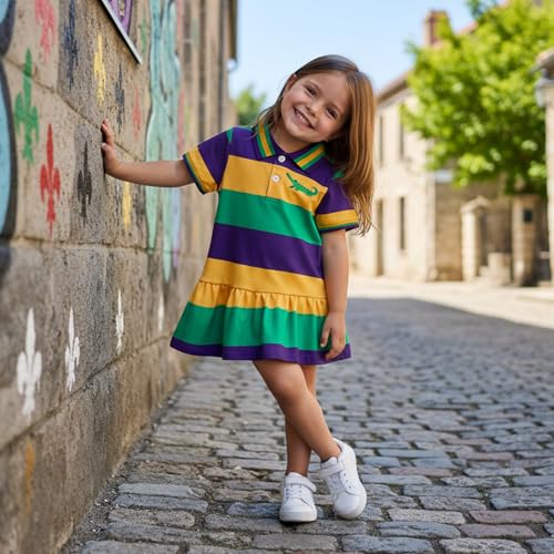 Amnnchya Toddler Little Girls Mardi Gras Dress Crocodile Short Sleeve Striped Lapel Ruffle Dresses Kids Baby Carnival Outfit (Purple, 3-4 Years) - Image 3