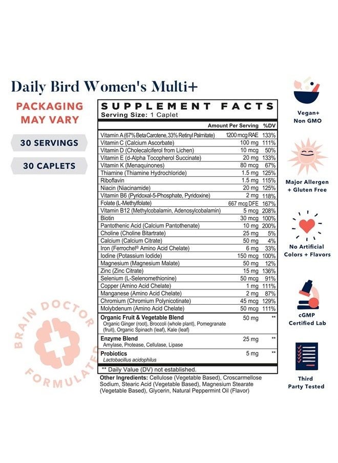 Best Nest Wellness - Daily Bird Women's Multivitamin for Women with Probiotics, Methylfolate, Natural Whole Food Organic Blend, Once Daily Vitamins, Gluten Free, Includes Bonus Smart Brain Guide, 30 Ct - Image 1