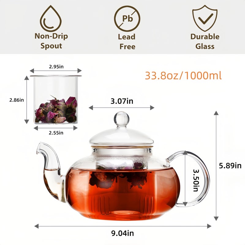 CnGlass 33.8oz Glass Teapot with Removable Infuser,Stovetop Safe Tea Kettle,Blooming & Loose Leaf Tea Pot - Image 2