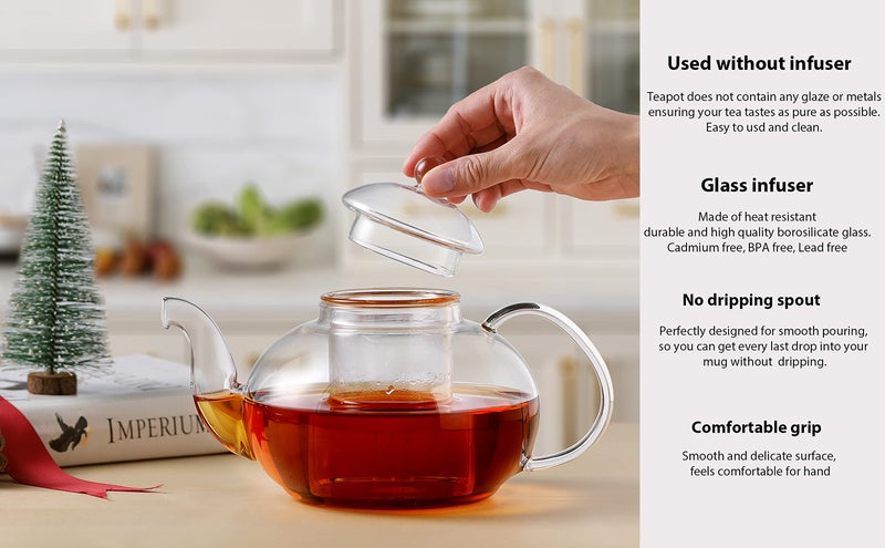 CnGlass 33.8oz Glass Teapot with Removable Infuser,Stovetop Safe Tea Kettle,Blooming & Loose Leaf Tea Pot - Image 3