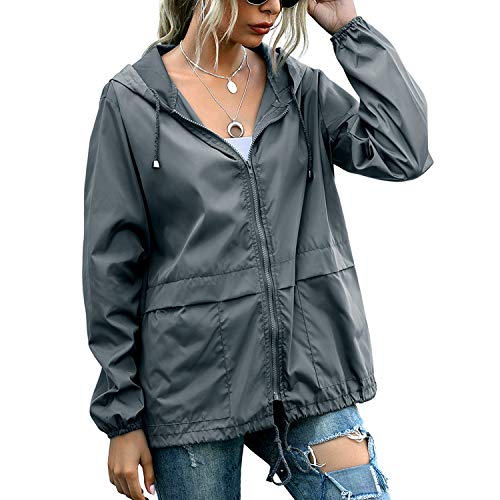 PESION Women's Waterproof Raincoat Lightweight Rain Jacket Hooded Windbreaker with Pocket for Outdoor Dark Gray XL - Image 1