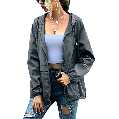 PESION Women's Waterproof Raincoat Lightweight Rain Jacket Hooded Windbreaker with Pocket for Outdoor Dark Gray XL - Image 2