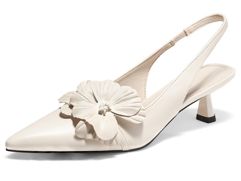 Coutgo Womens Slingback Kitten Heels Flower Closed Pointed Toe Pumps Wedding Party Dress Sandals Shoes, Beige, Size 7 - Image 1