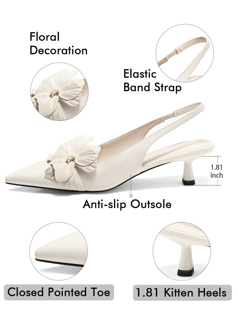 Coutgo Womens Slingback Kitten Heels Flower Closed Pointed Toe Pumps Wedding Party Dress Sandals Shoes, Beige, Size 7 - Image 4