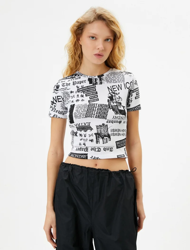 كوتون Printed Crop T-Shirt Slim Fit Short Sleeve Cotton