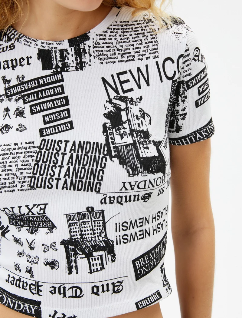 كوتون Printed Crop T-Shirt Slim Fit Short Sleeve Cotton