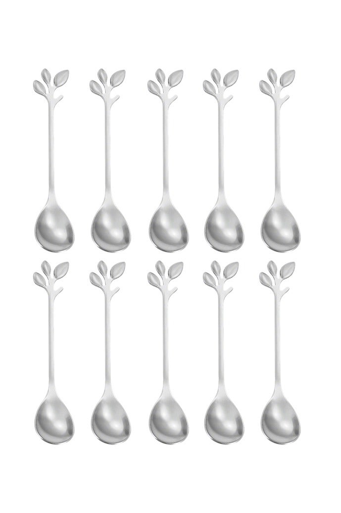 10 قطع ملاعق حلوى، أوراق إبداعية فضية أنيقة صغيرة من الفولاذ المقاوم للصدأ لتحريك وخلط السكر والآيس كريم والكعك والقهوة والشاي - Image 1