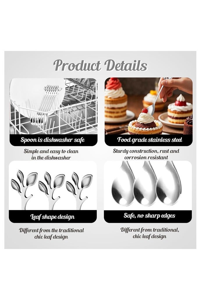10 قطع ملاعق حلوى، أوراق إبداعية فضية أنيقة صغيرة من الفولاذ المقاوم للصدأ لتحريك وخلط السكر والآيس كريم والكعك والقهوة والشاي - Image 3